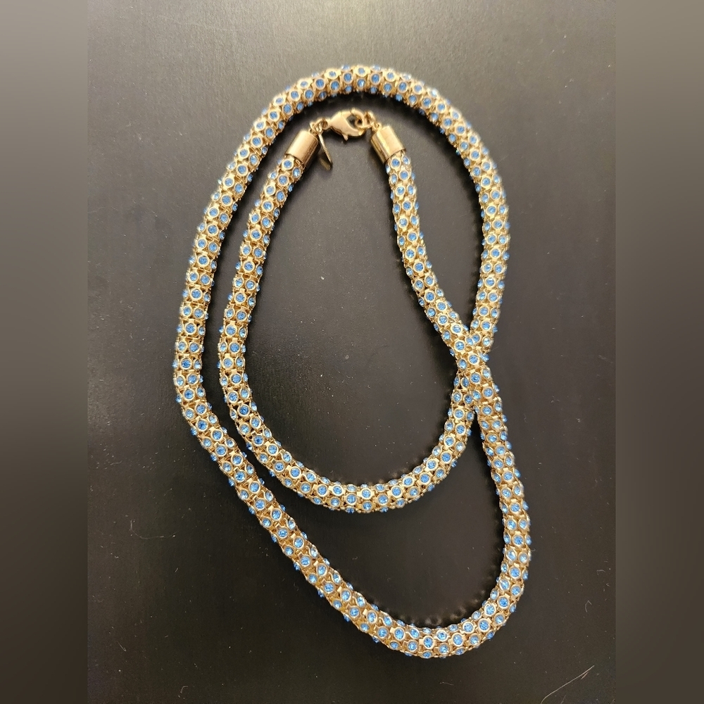 Kenneth Jay Lane Blue Gold Tone Rhinestone Snake Popcorn Chain necklace 30" - Picture 9 of 9